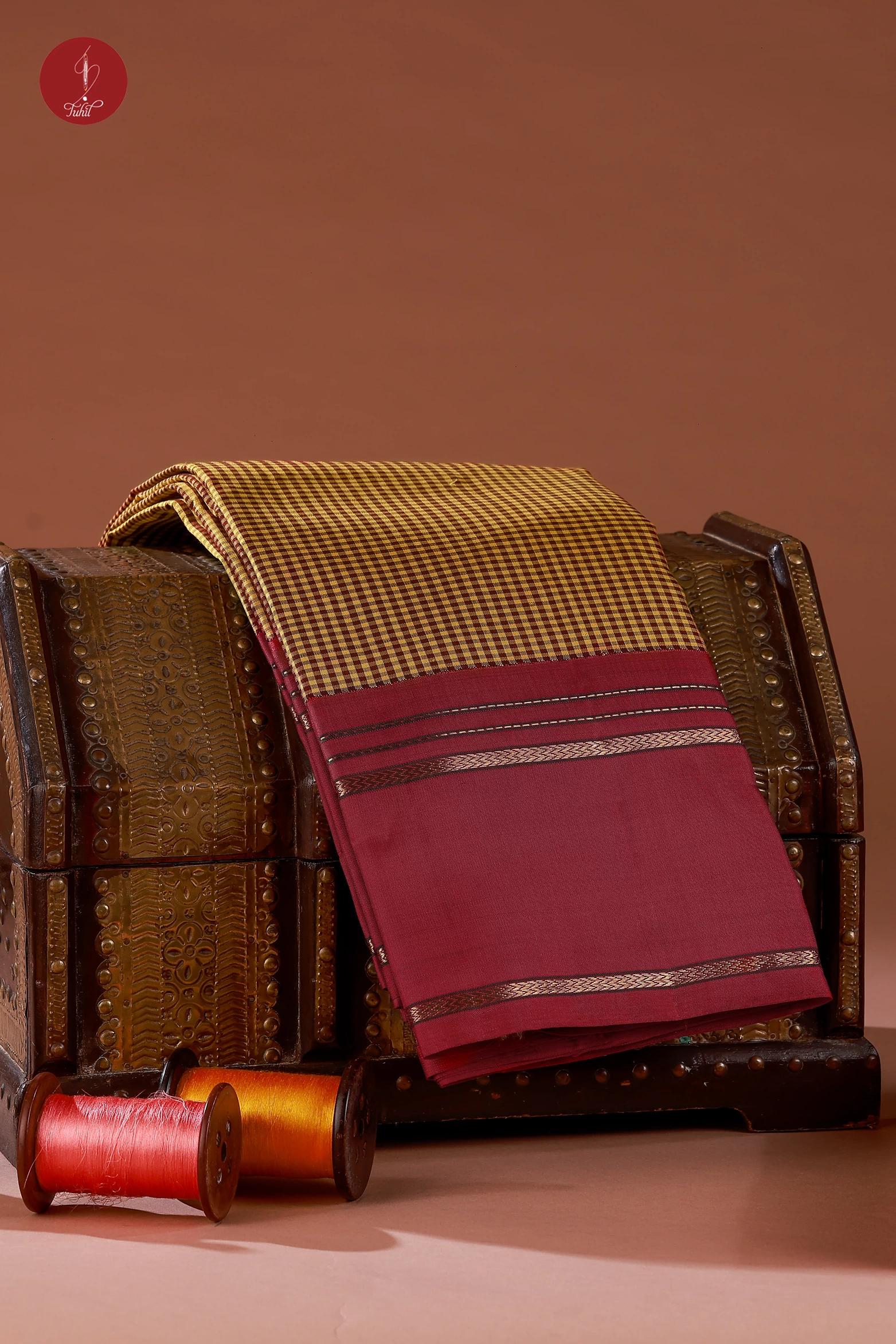Handloom Kanchipuram Pure Silk Saree  - Mustard-Maroon with Maroon (MS059)