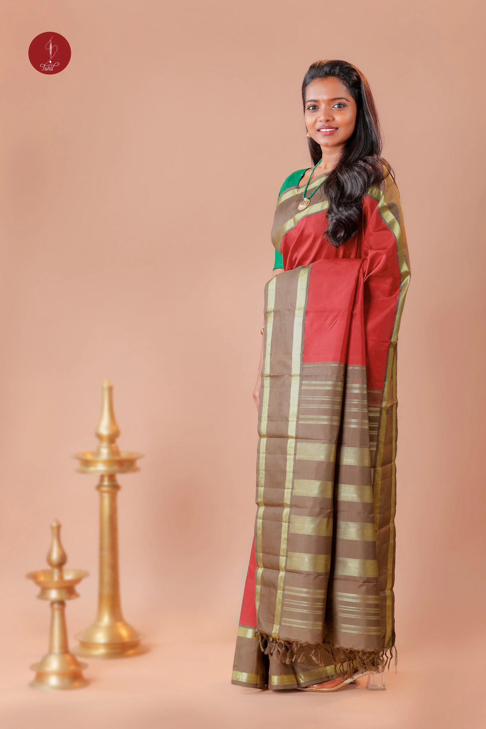 Handloom Kanchipuram Pure Silk Saree - Red with Peanut Brown (MS011)