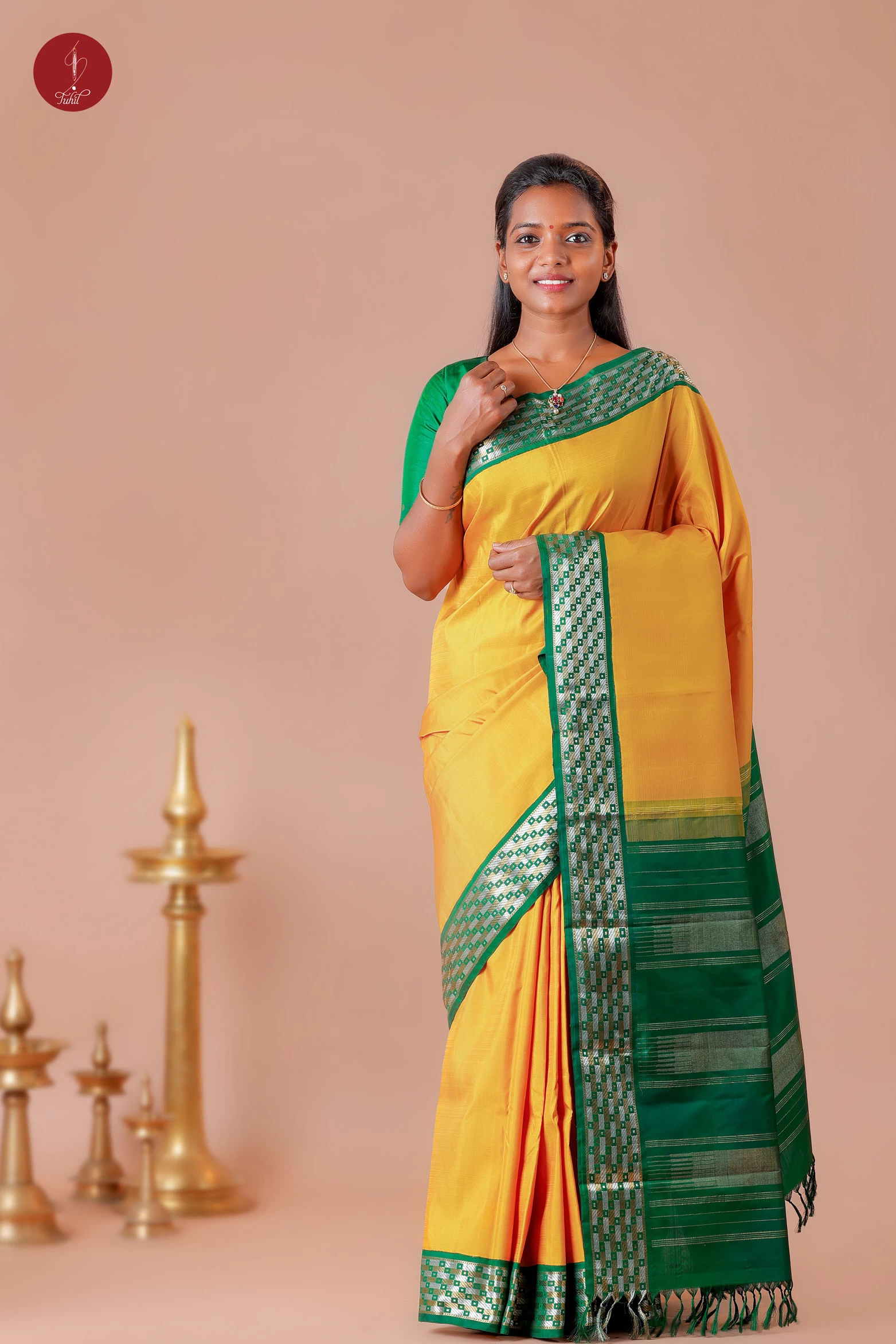 Handloom Kanchipuram Pure Silk Saree – Mustard Yellow with Green (MS016)