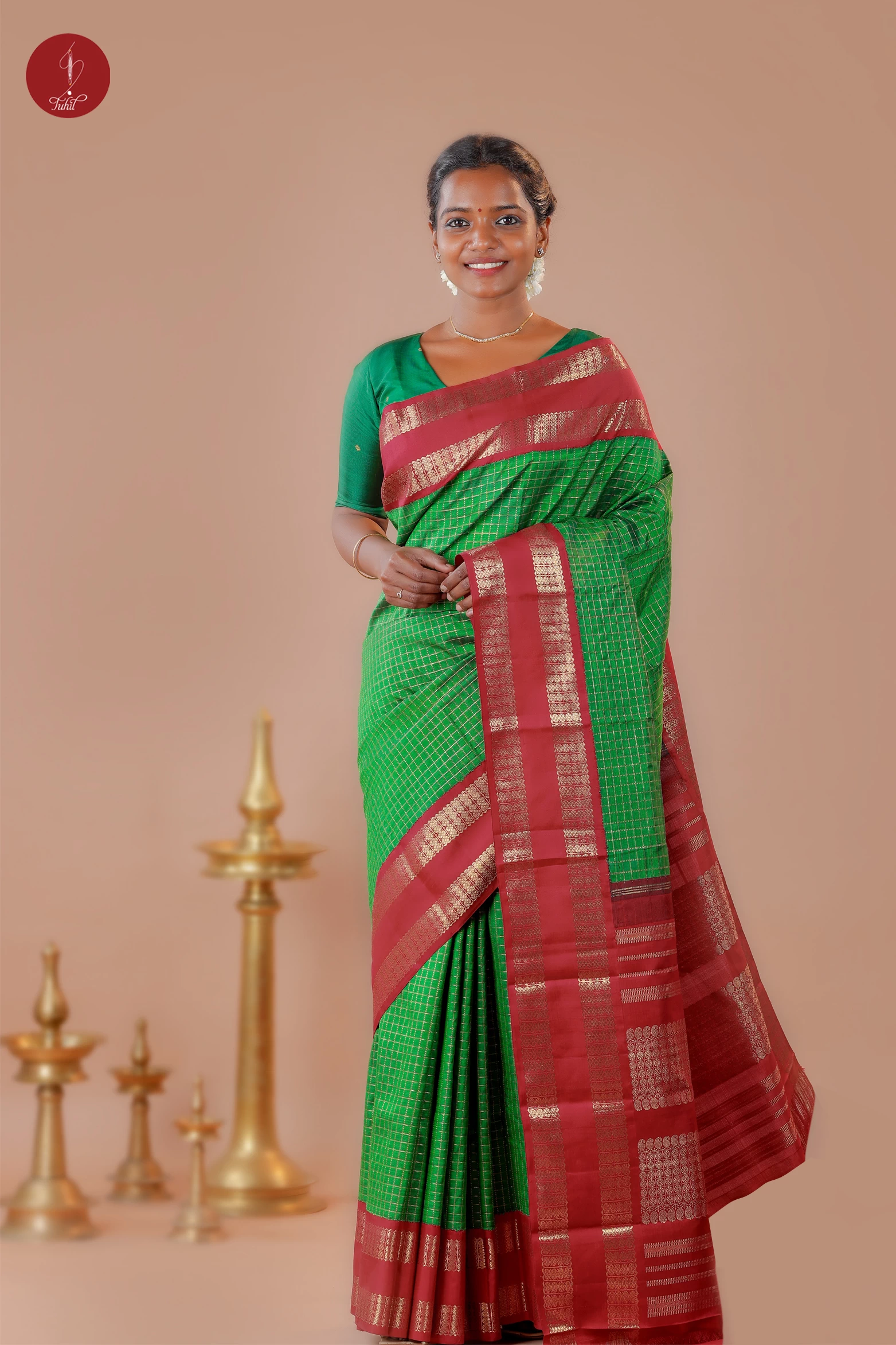 Handloom Kanchipuram Pure Silk Saree – Emerald Green with Maroon (MS036)