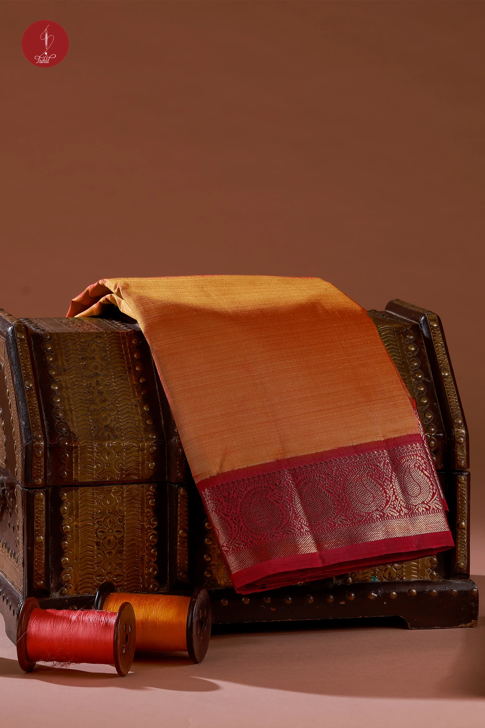 Handloom Kanchipuram Silk Saree - Honey with Maroon (MS084)