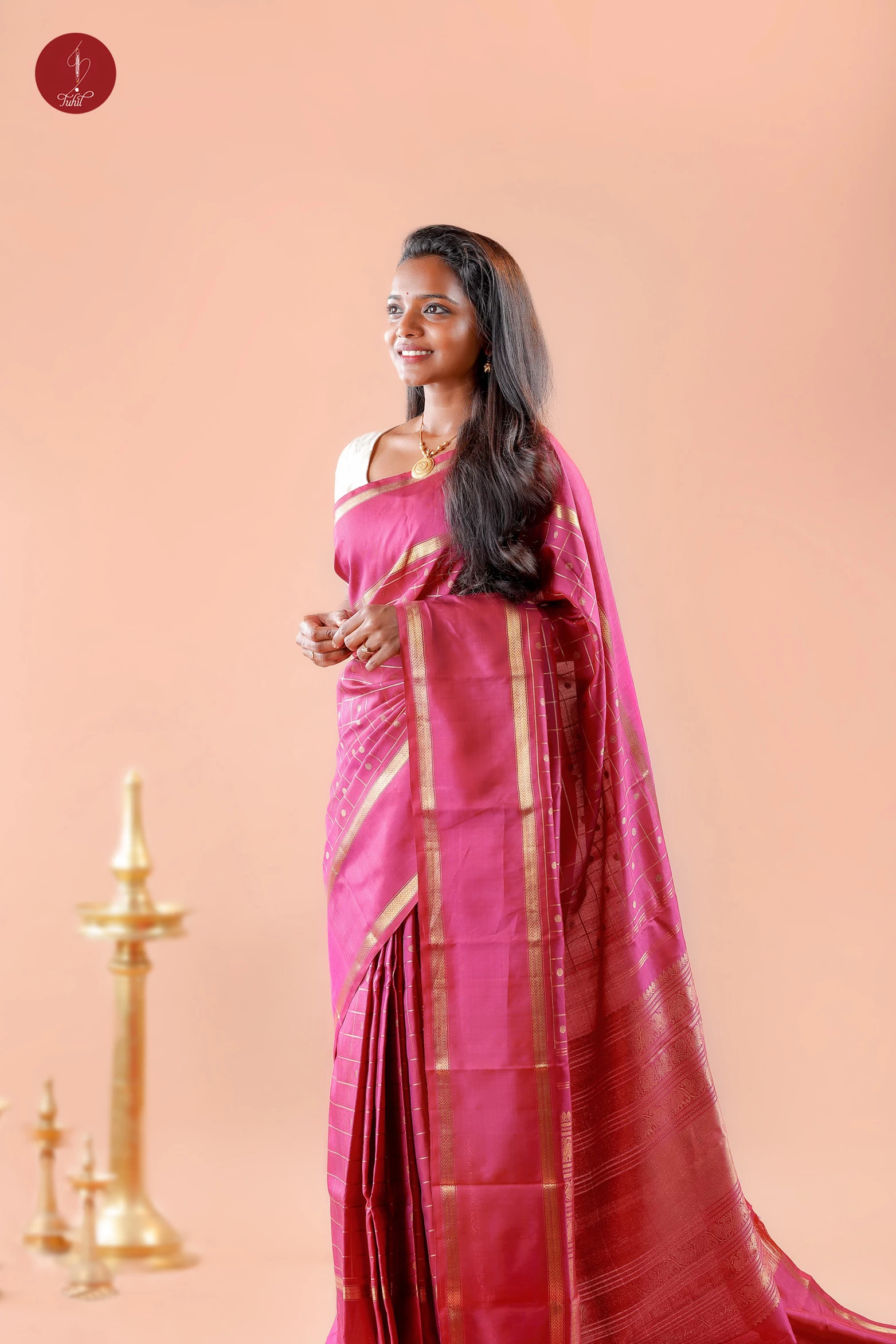 Handloom Kanchipuram Pure Silk Saree – Pink Ruby with Rettai Pettu (MS045)