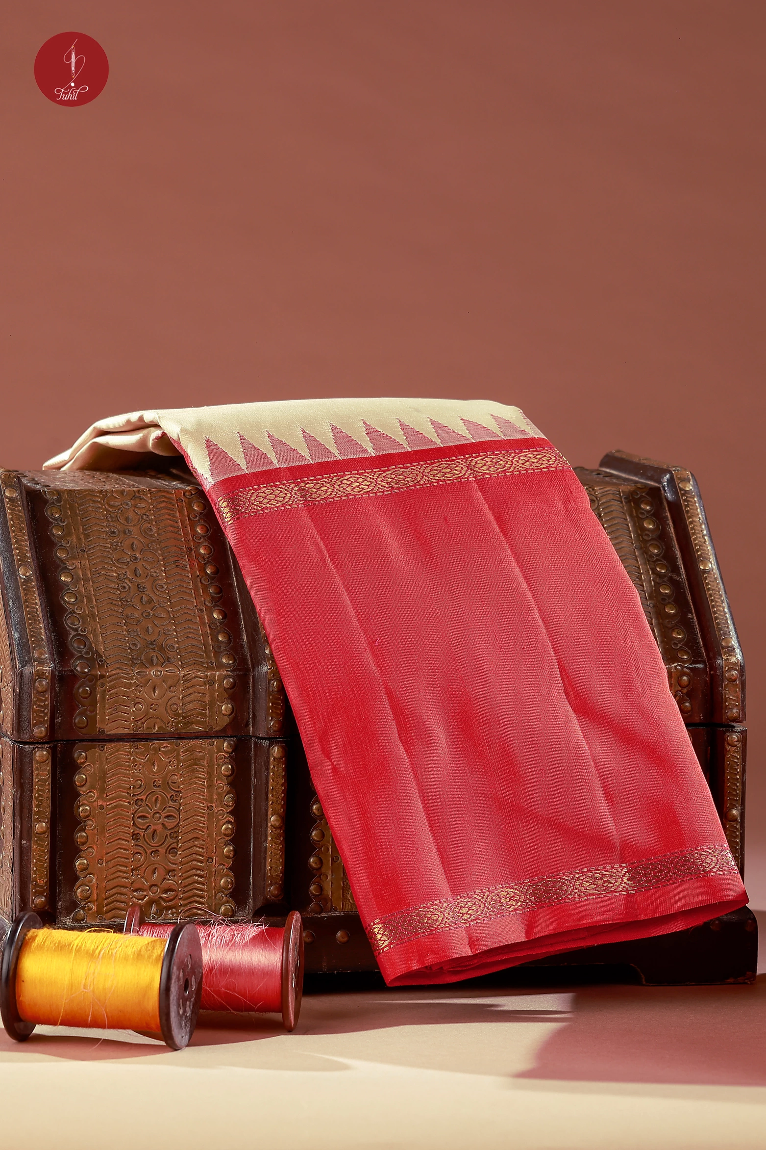 Handloom Kanchipuram Pure Silk Saree - Beige with Orange shot Pink (MS092)