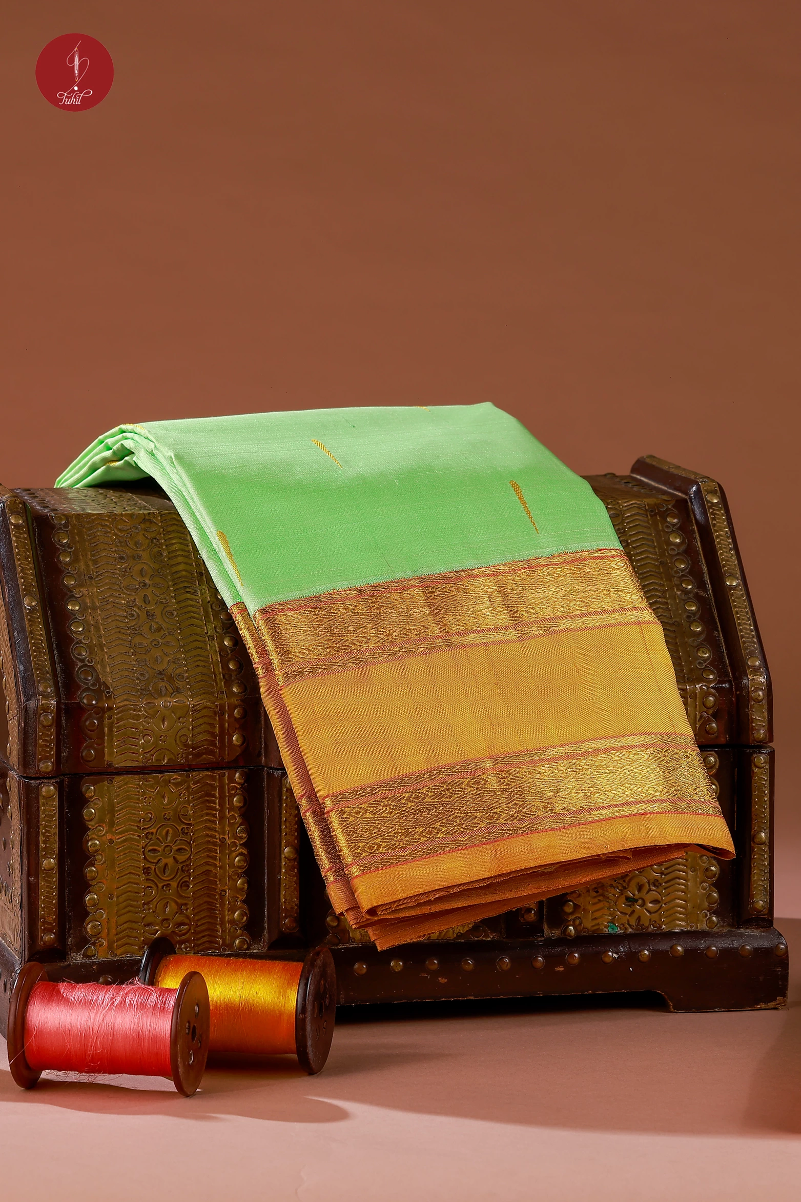 Handloom Kanchipuram Pure Silk Saree – Pista with Mustard  (MS046)