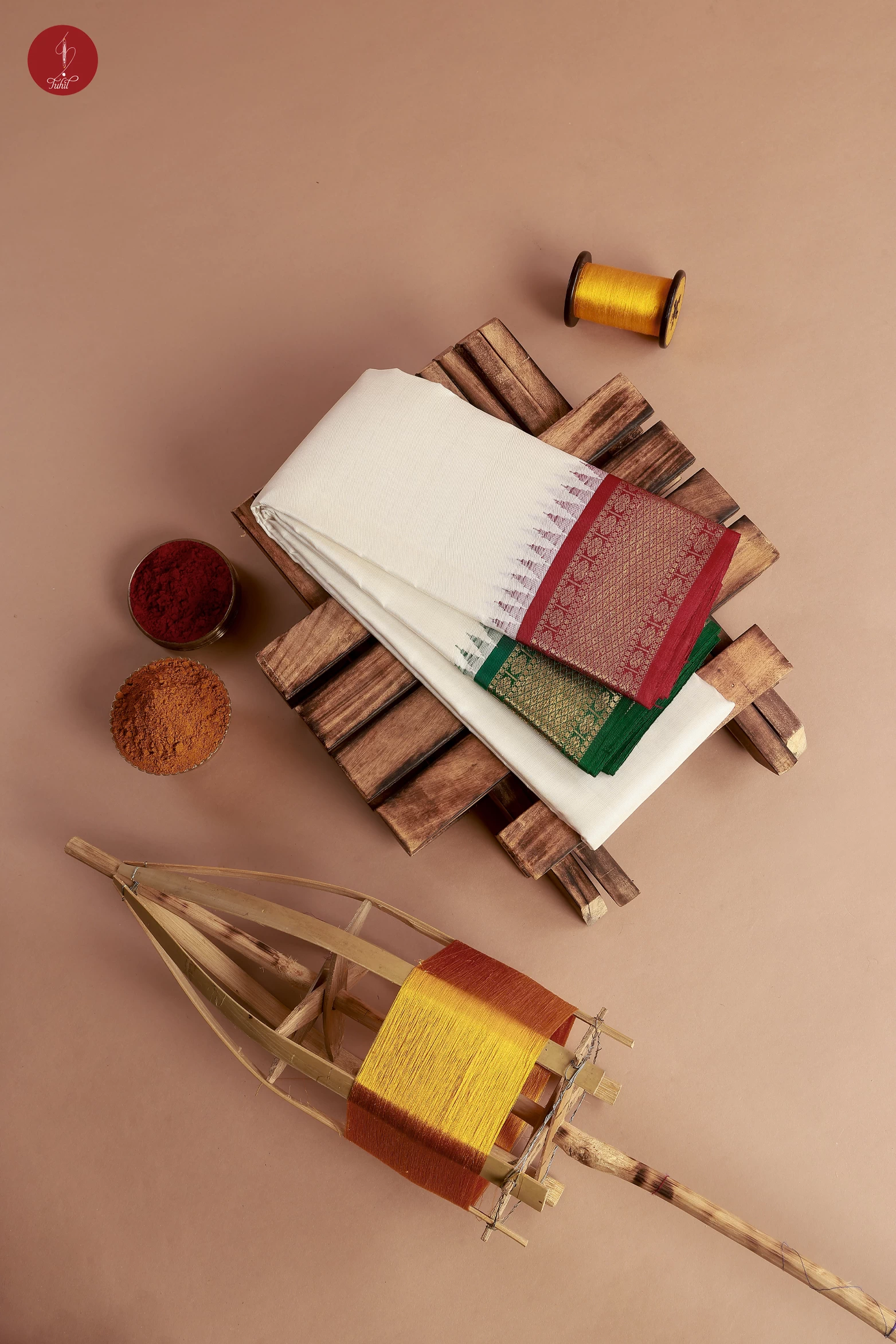 Handloom Pure Silk Veshti & Angavastaram – White – Ganga Jamuna (Red and Green) Gold Zari Mayil Kannu and Rudraksham – 9*5 (SVA309)