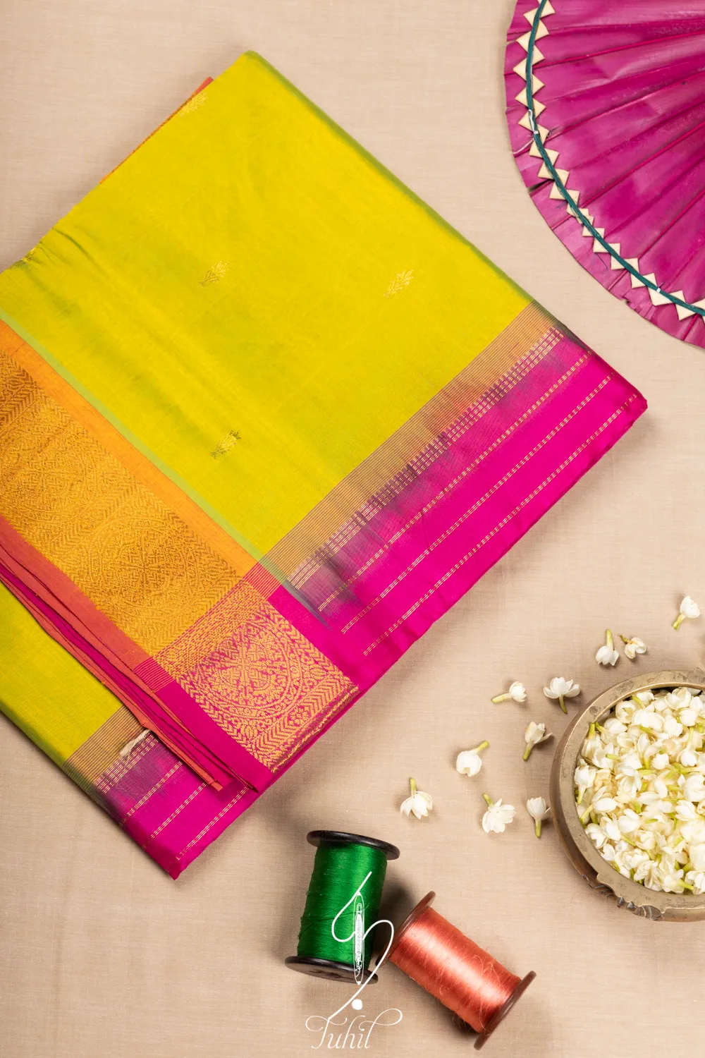 Pure Handloom Silk Cotton Saree – Cardamom with Rani Pink (SHSC529)