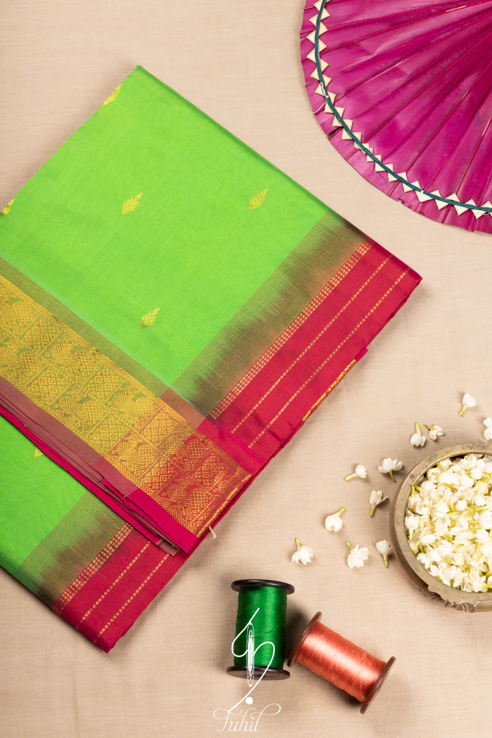 Pure Handloom Silk Cotton Saree – Parrot Green with Rani Pink (SHSC524)