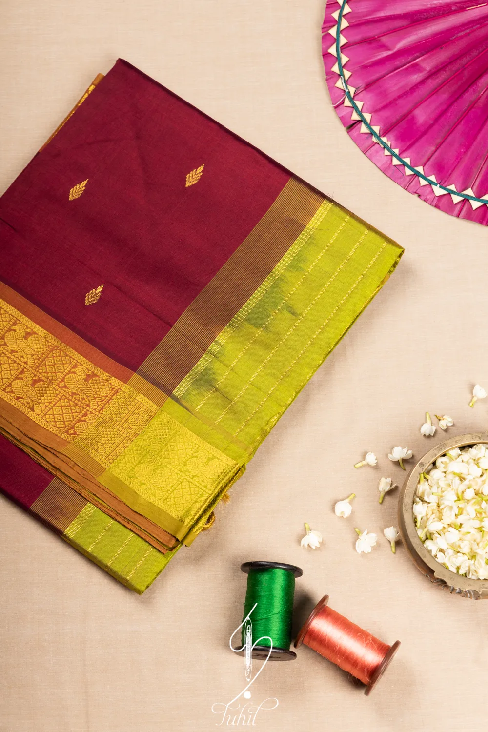 Pure Handloom Silk Cotton Saree – Maroon with Green (SHSC523)