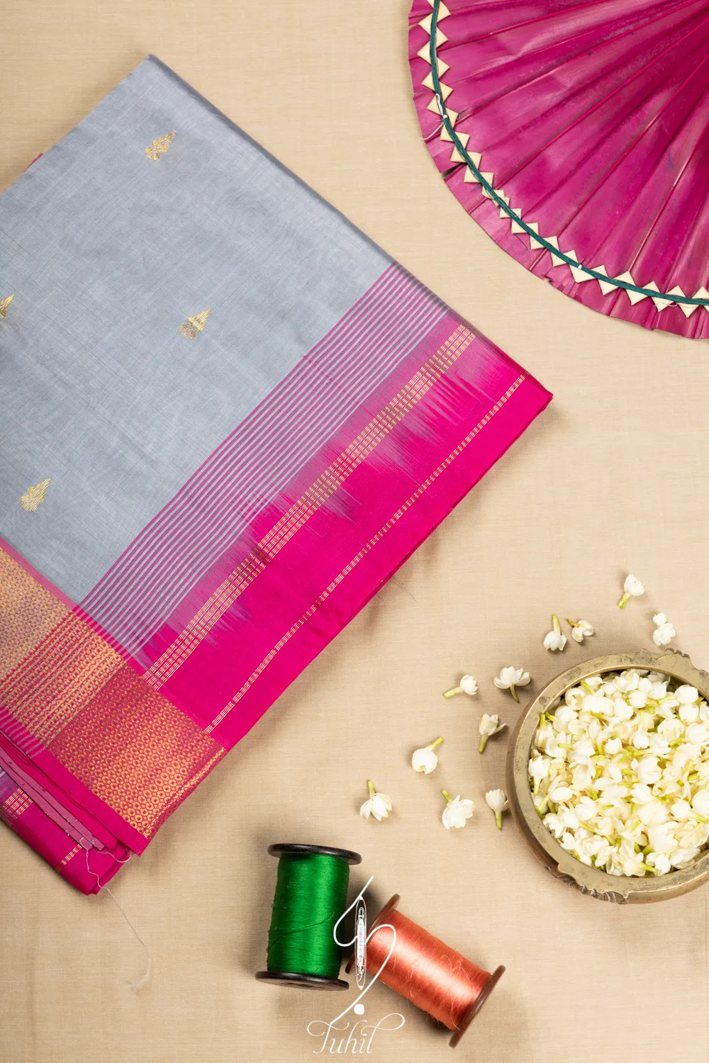 Pure Handloom Silk Cotton Saree – Grey with Magenta (SHSC519)