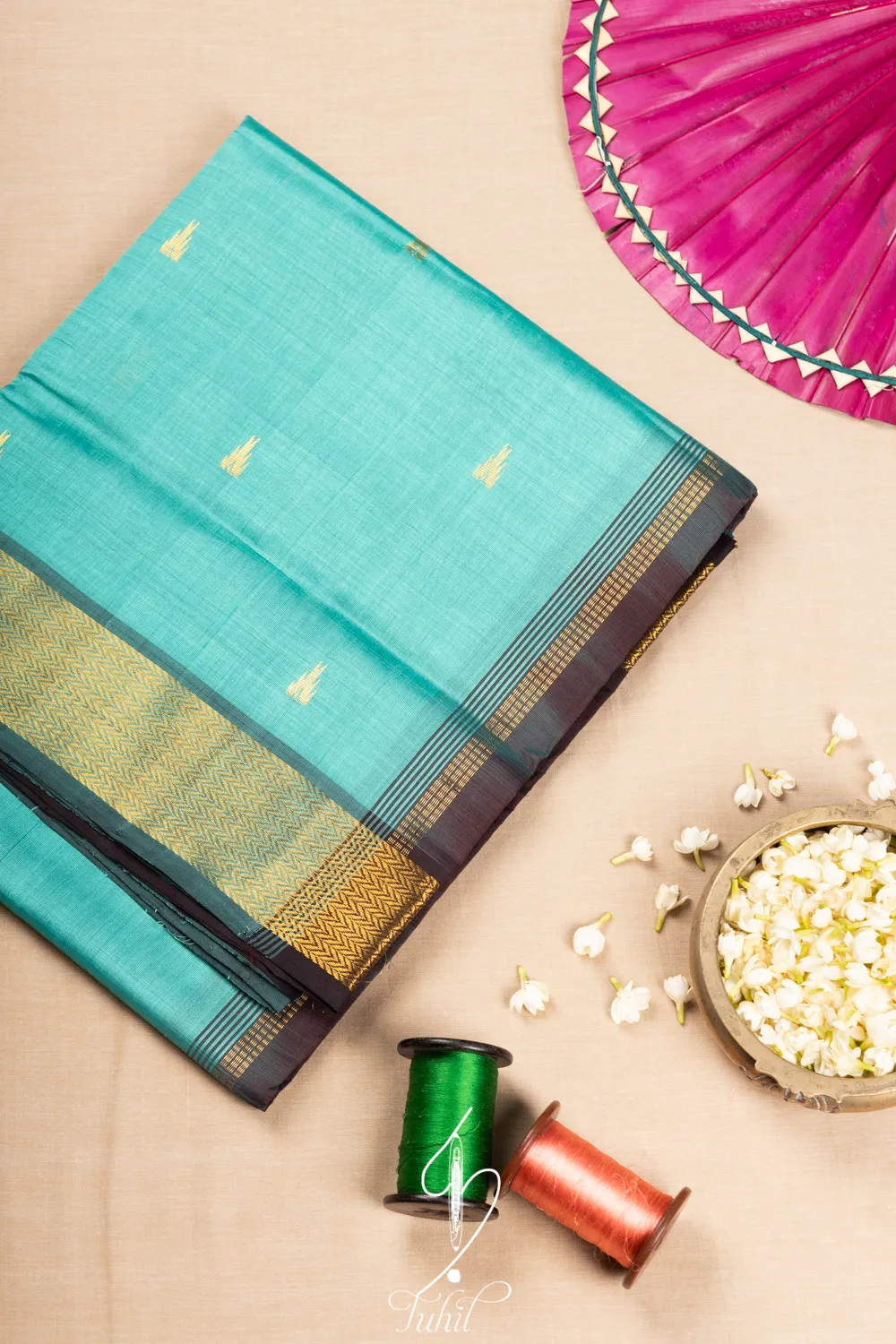 Pure Handloom Silk Cotton Saree – Cyan with Coffee Brown (SHSC504)