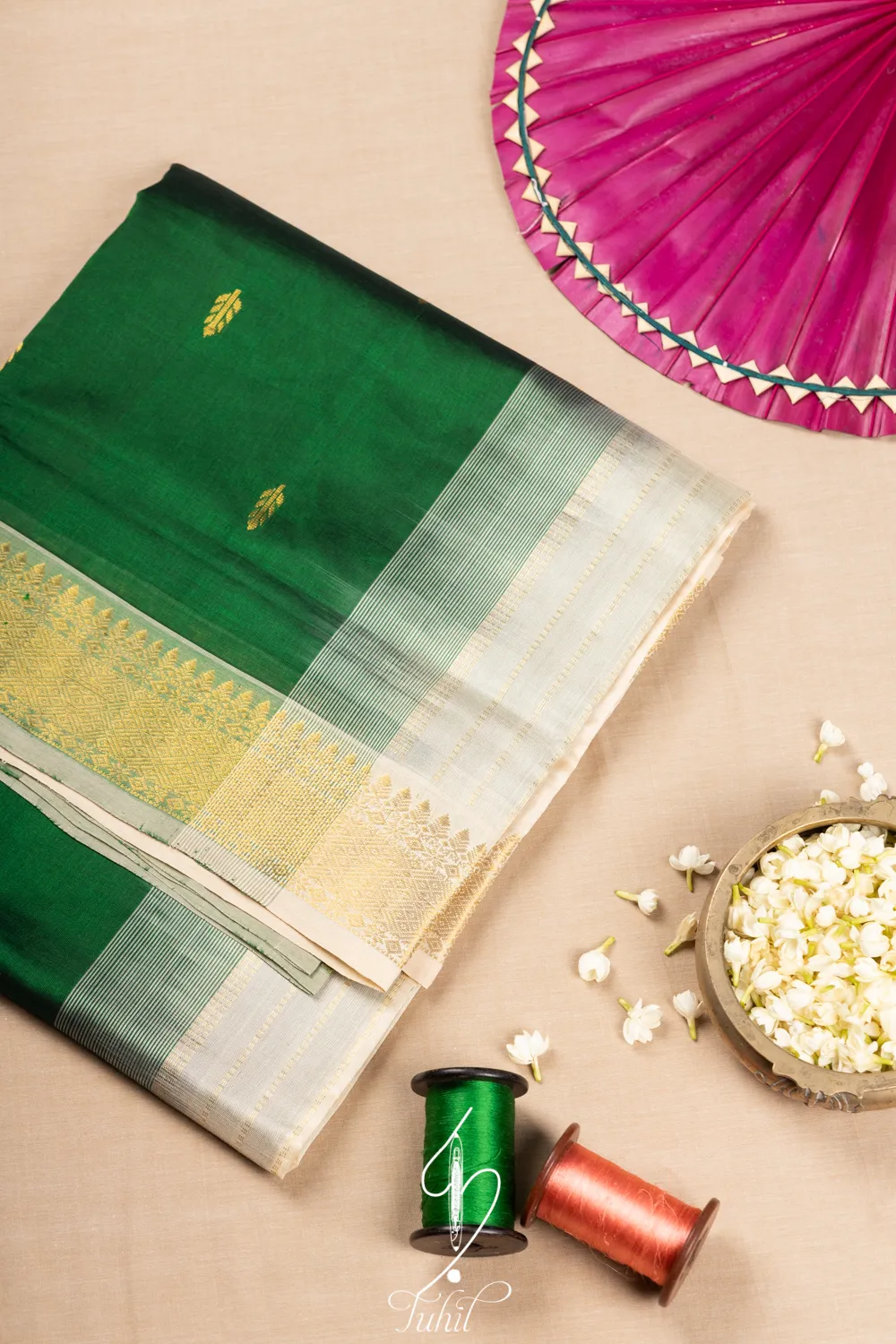 Pure Handloom Silk Cotton Saree – Bottle Green with Half White (SHSC525)