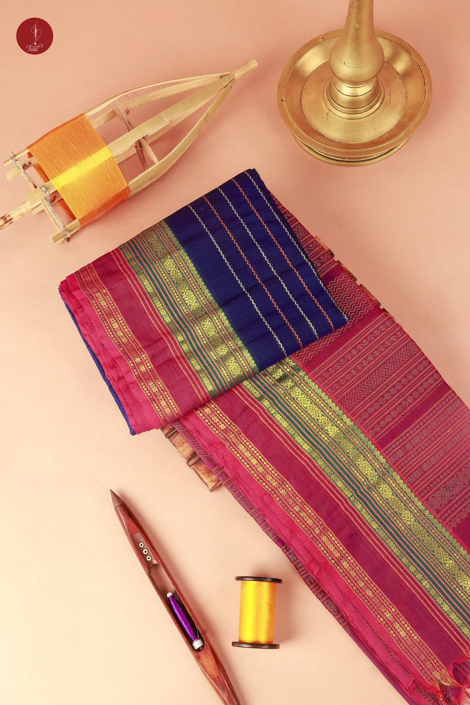 Pure Handloom Silk Cotton Saree – Indigo with Magenta (SHSC487)