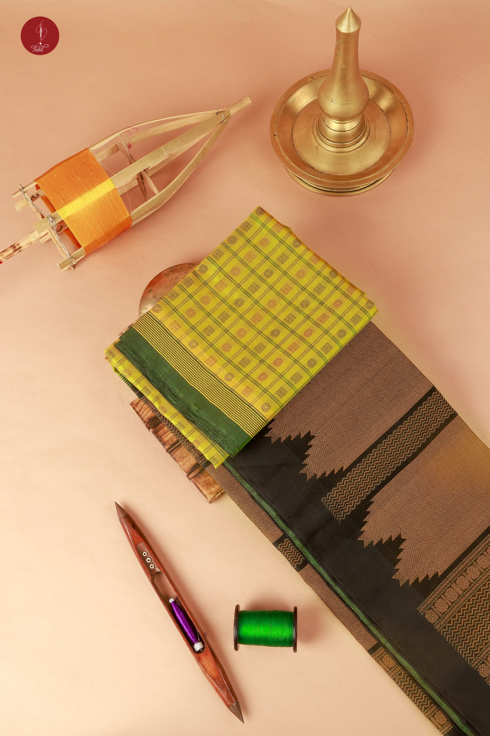 Pure Handloom Silk Cotton Saree – Cardamom Green with Black (SHSC483)