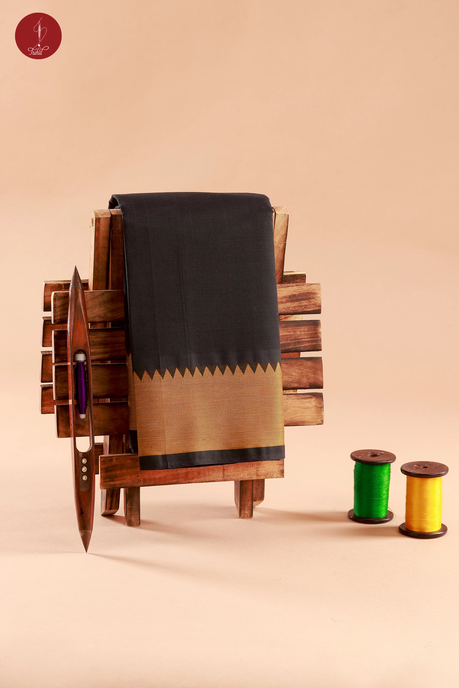 Pure South Cotton Handloom Saree – Black with Mustard (SHCC570)