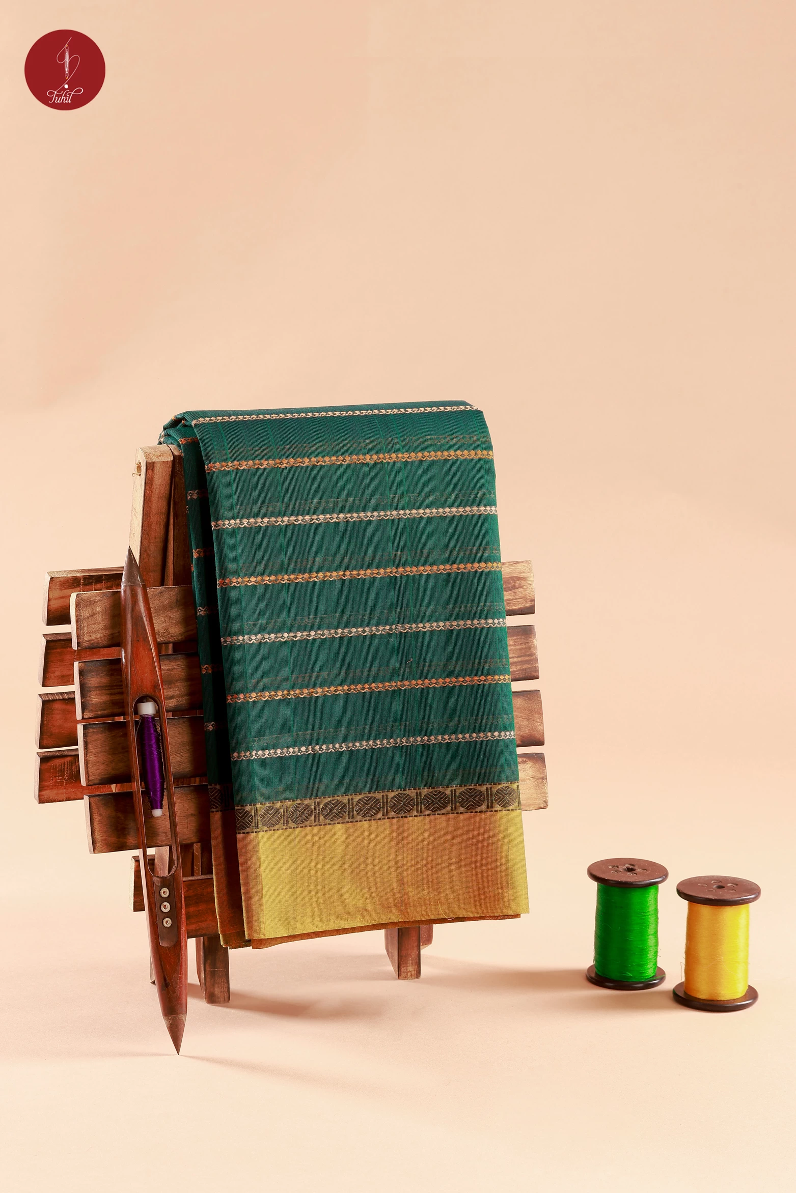 Pure South Cotton Handloom Saree – Dual Toned Green with Mustard Border (SHCC562)