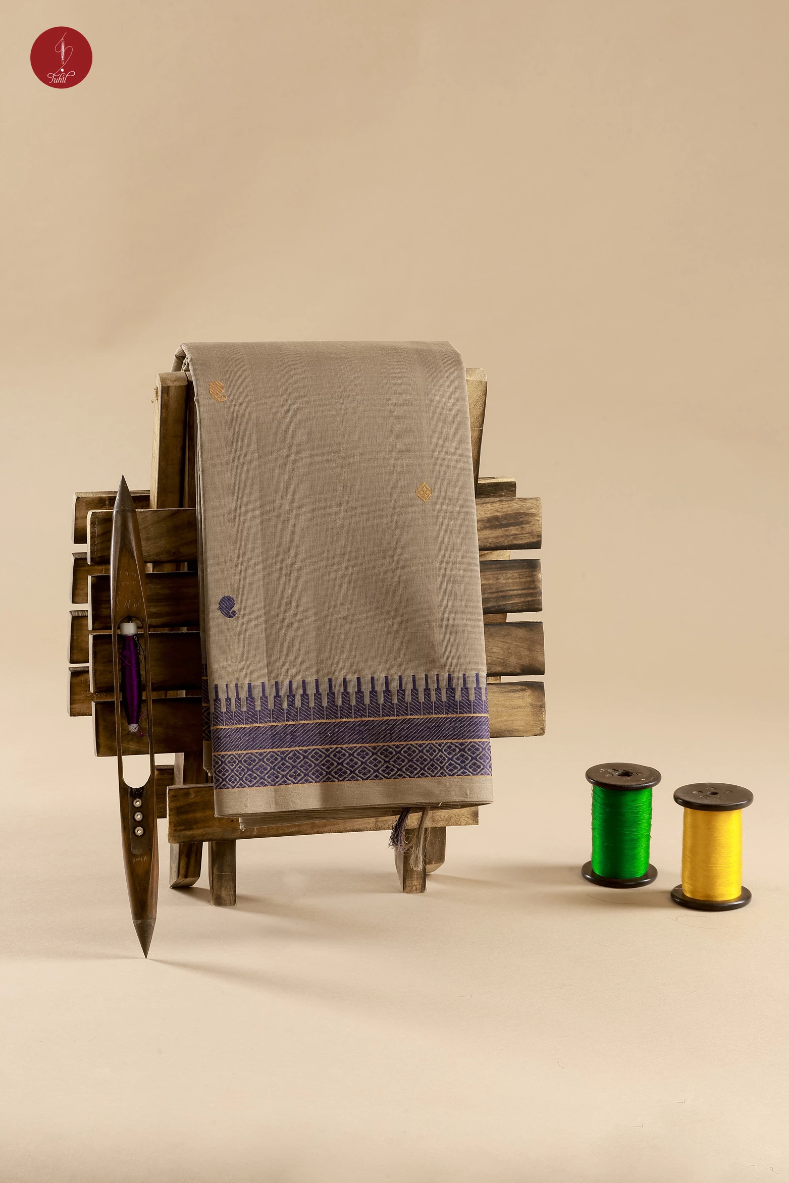 Pure South Cotton Handloom Saree – Grey with Blue and Orange Border (SHCC500)