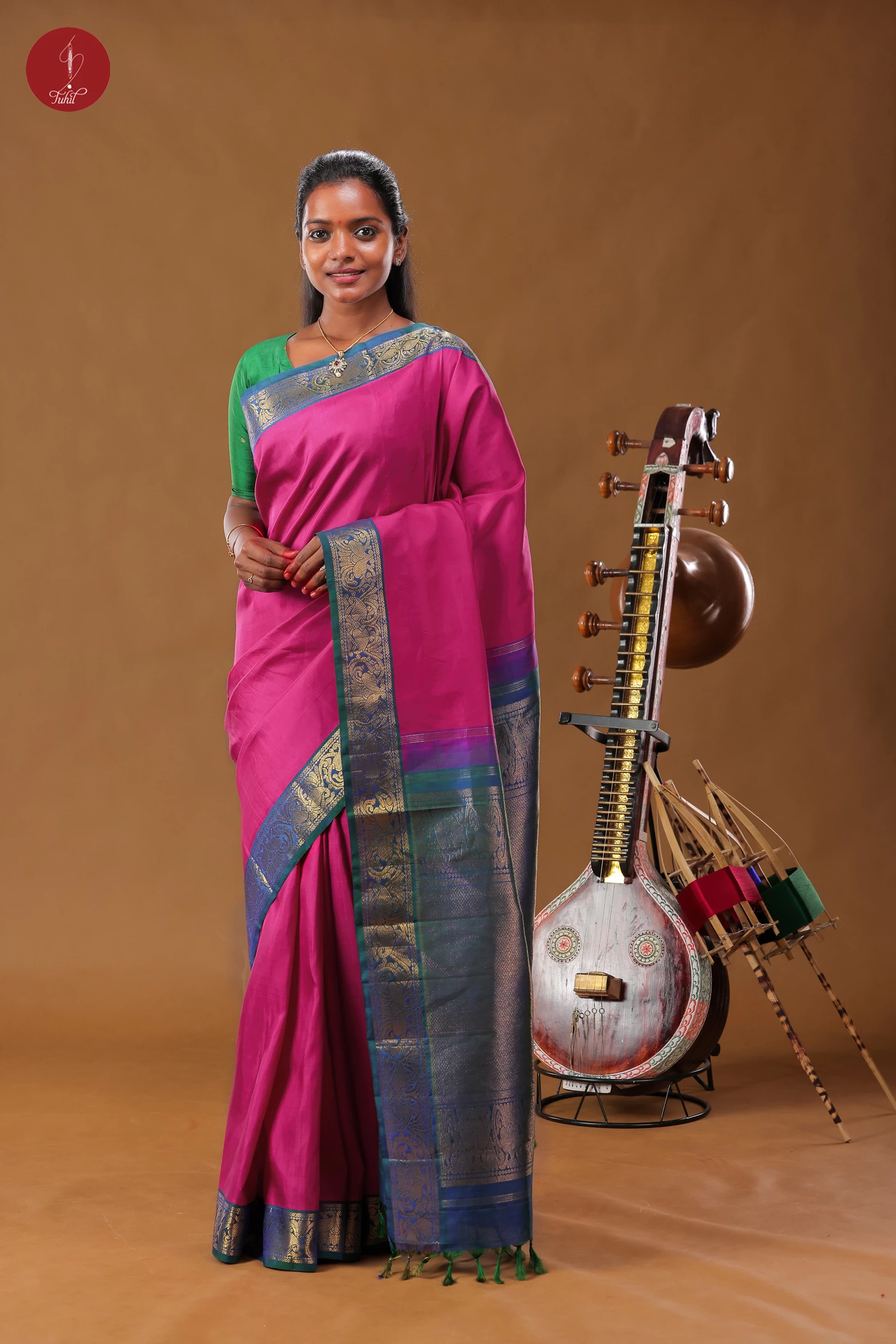 Handloom Kanchipuram Pure Silk Saree - Rani Pink with Peacock Blue Border (SHS364)