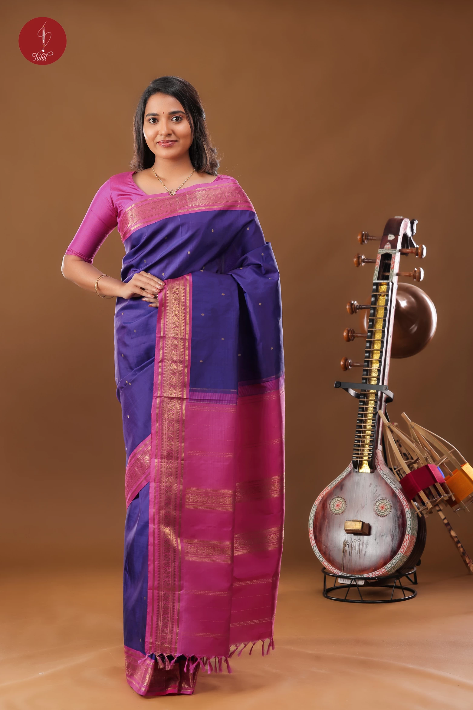 Handloom Kanchipuram Pure Silk Saree - Indigo with Rani Pink Border (SHS357) Handloom Kanchipuram Pure Silk Saree - Indigo with Rani Pink Border (SHS357)