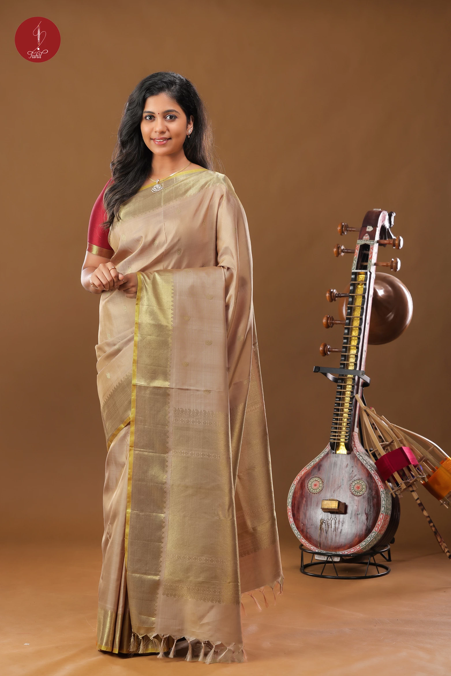 Handloom Kanchipuram Pure Silk Saree - Deep Gold with Bavanji Border (SHS344)