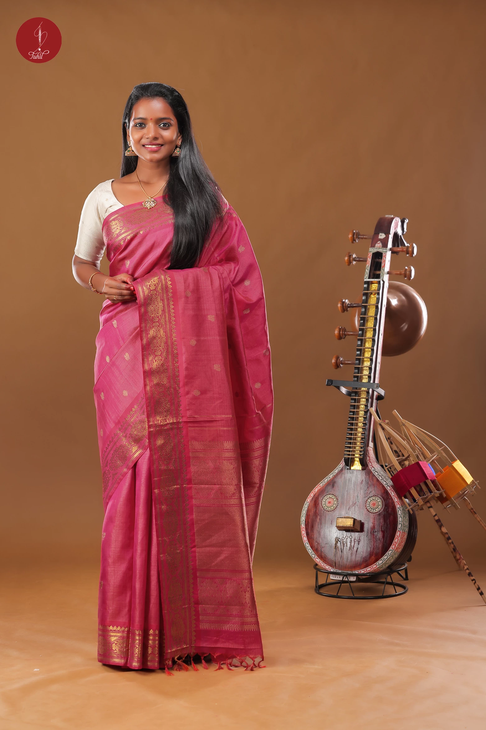 Handloom Kanchipuram Pure Silk Saree - Crimson Red with Pink Shot Vaira Oosi (SHS335)