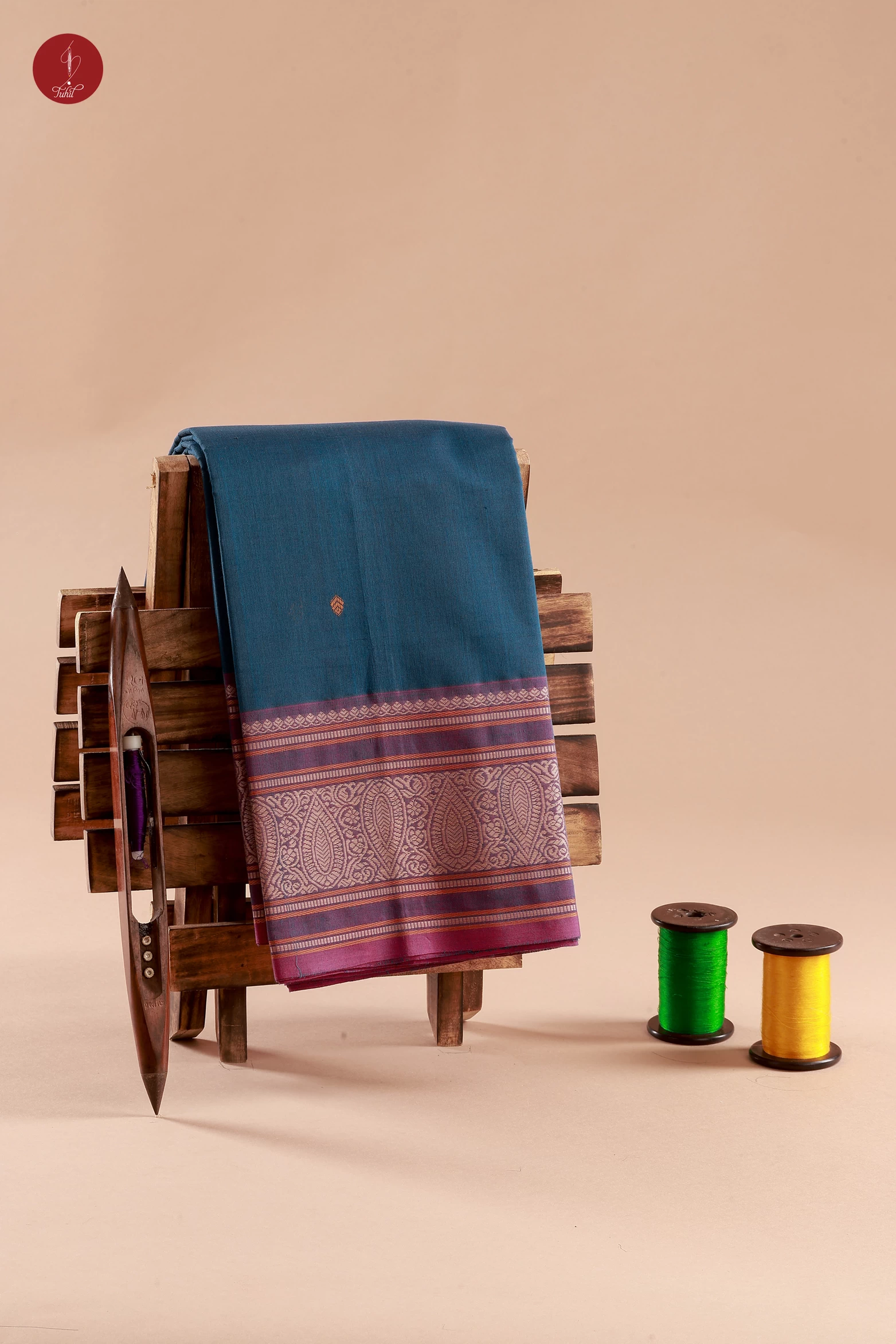 Pure South Cotton Handloom Saree – Dual Toned Blue with Beige and Magenta Border (SHCC172)