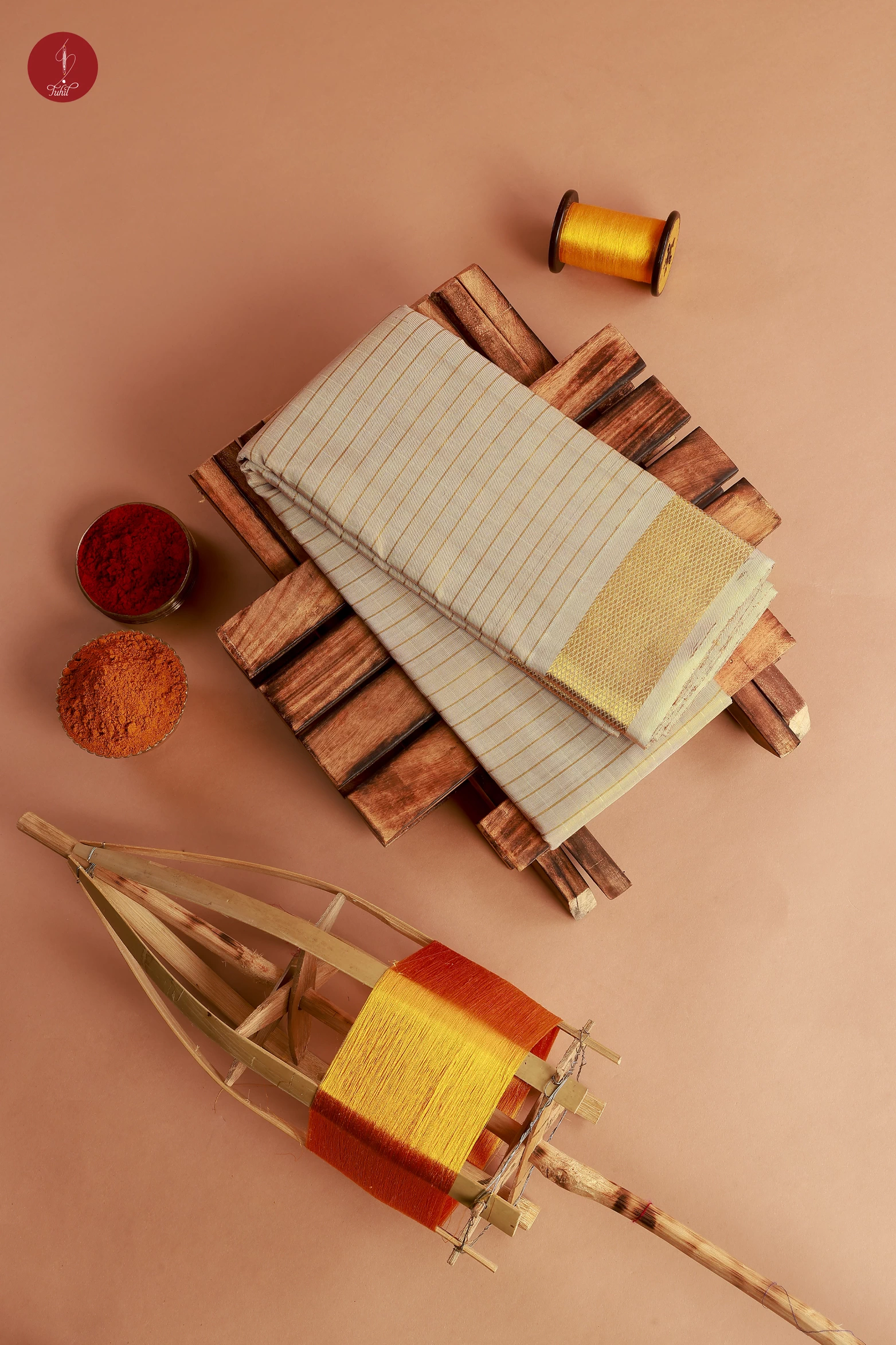 Handloom Pure Silk Veshti & Angavastaram – Ivory with Kattam and Kuyil Kannu Gold Zari Border – 9*5 (SVA308)