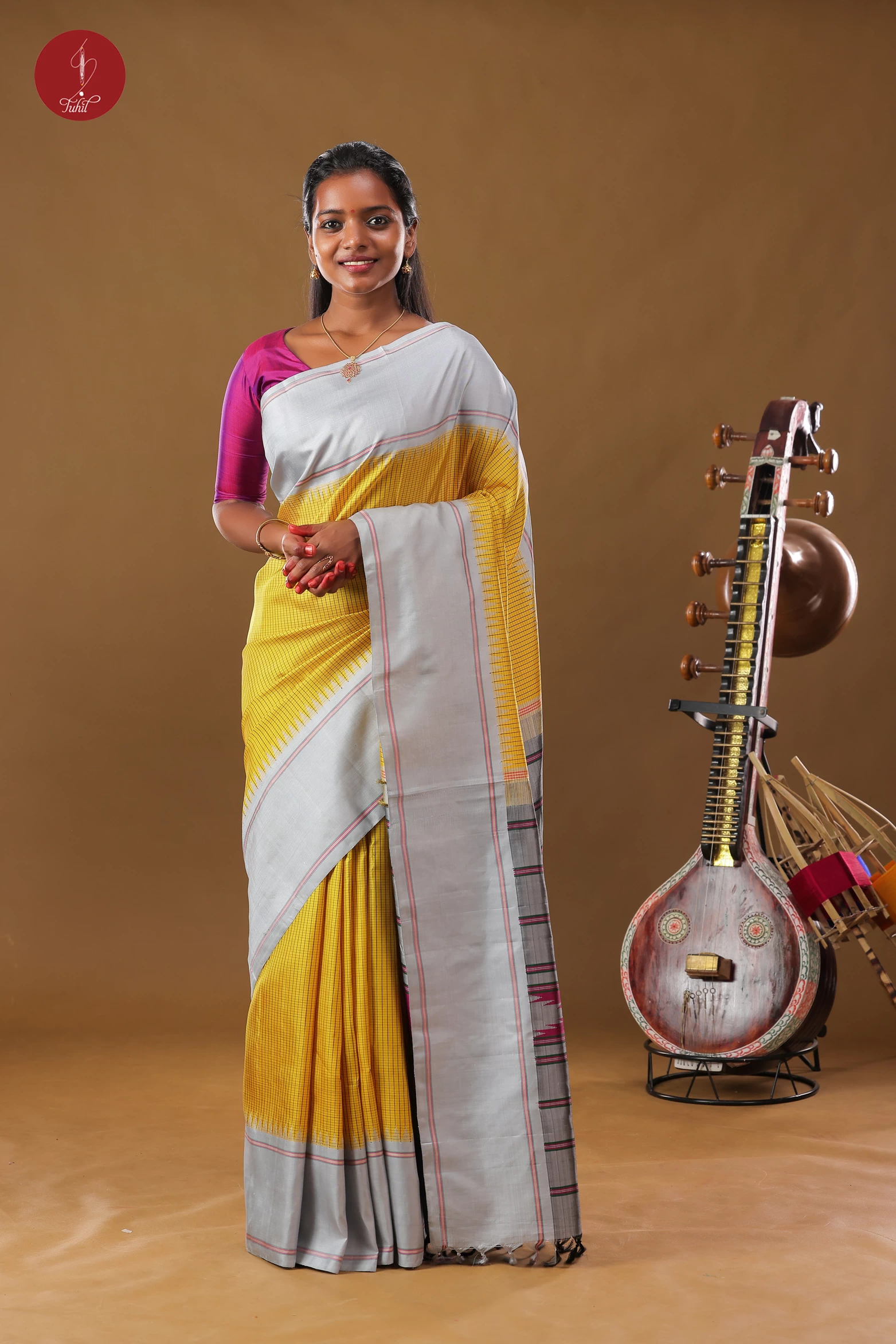Kanchipuram Silk Saree - Yellow with Grey Border (SHS377B)
