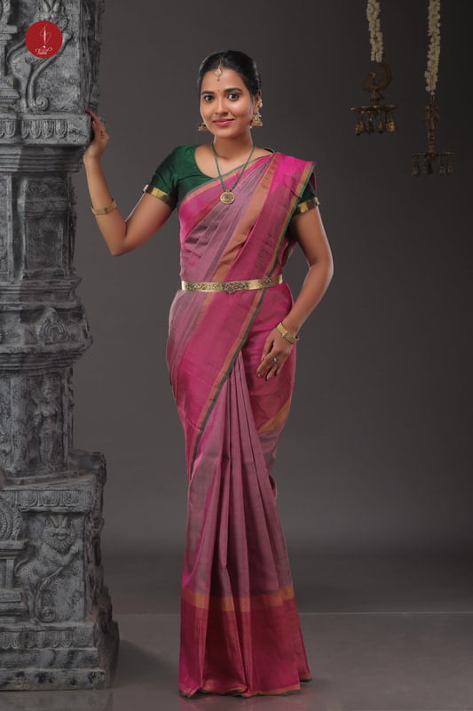 Kanchipuram Silk Saree - Pink - Long Border Vaira Oosi (SHS435)