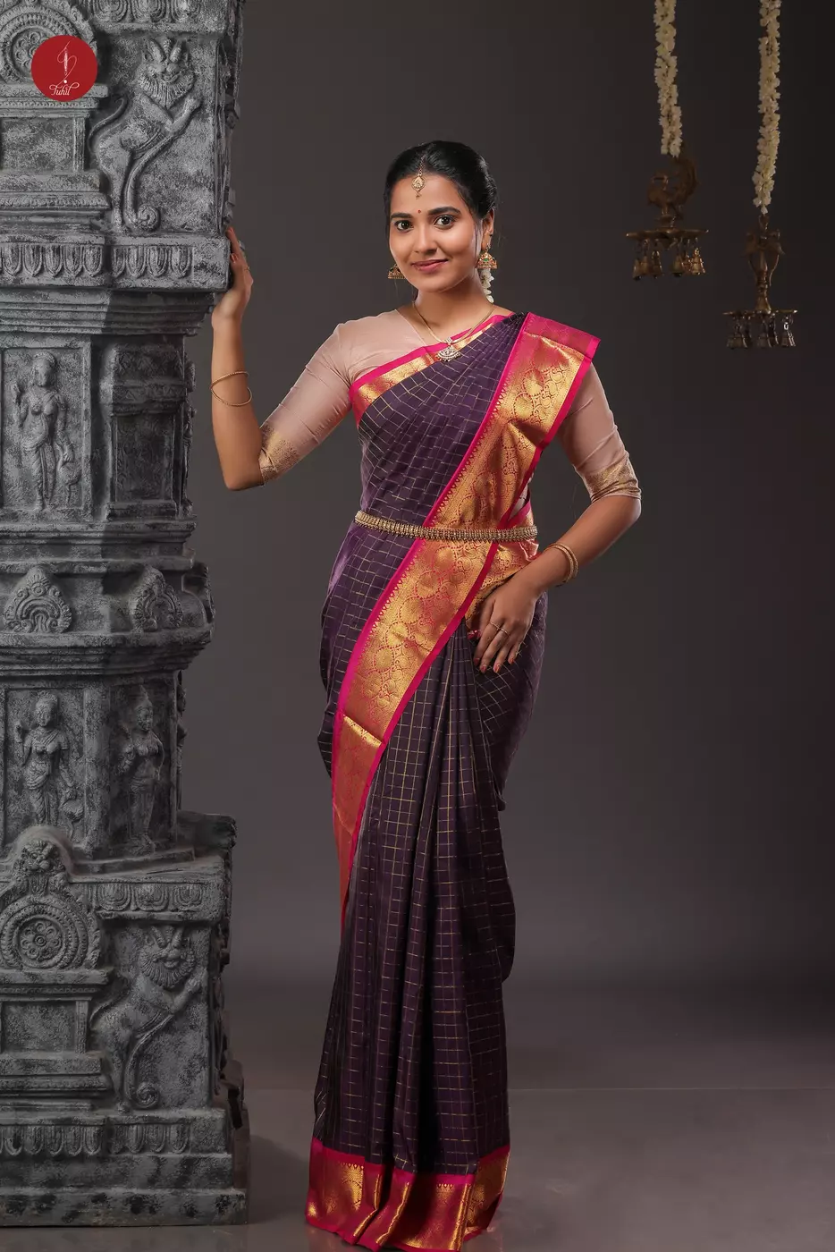 Kanchipuram Silk Saree - Coffee brown kattam with pink border (SHS312A)