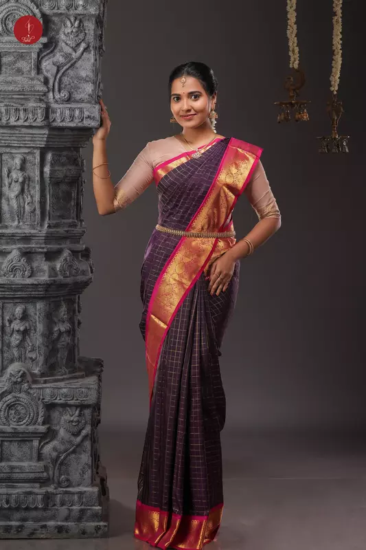 Kanchipuram Silk Saree - Coffee brown kattam with pink border (SHS312A)