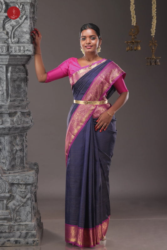 Kanchipuram Silk Saree - Dark blue purple border peacock (SHS319A)