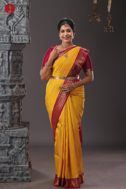 Kanchipuram Silk Saree - Yellow with Maroon Border (SHS358)