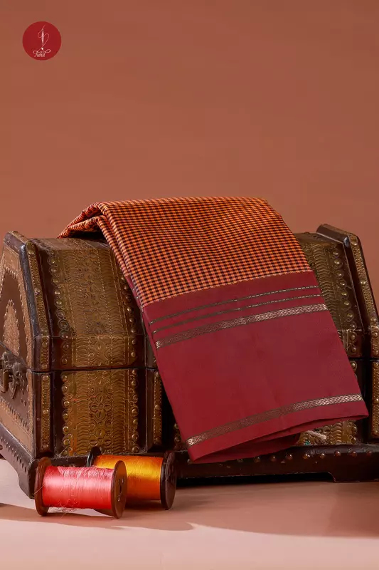 Kanchipuram Silk Saree - Podi Kattam - Orange-Black with Maroon (MS038)