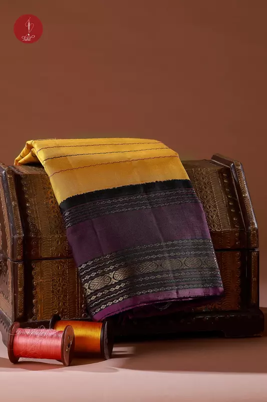 Kanchipuram Silk Saree - Veldhari - Mustard with Black and Kemp (MS037)