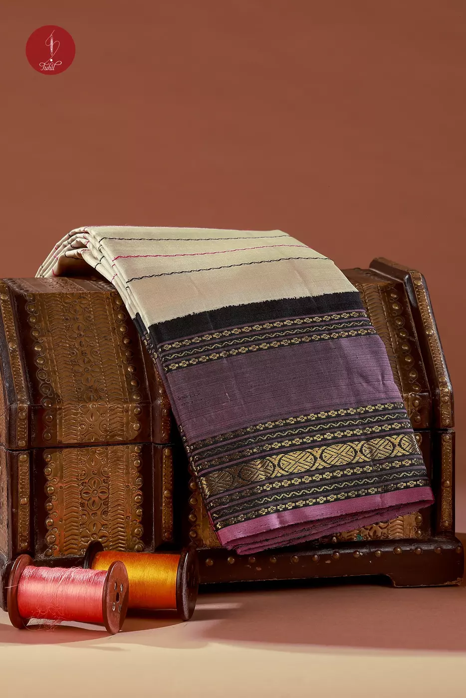 Kanchipuram Silk Saree - Veldhari Kalakshetra - Beige with Wine and Black (MS064) Kanchipuram Silk Saree - Veldhari Kalakshetra - Beige with Wine and Black (MS064)