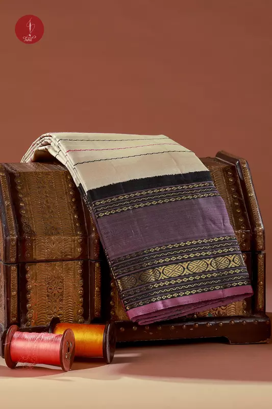 Kanchipuram Silk Saree - Veldhari Kalakshetra - Beige with Wine and Black (MS064) Kanchipuram Silk Saree - Veldhari Kalakshetra - Beige with Wine and Black (MS064)