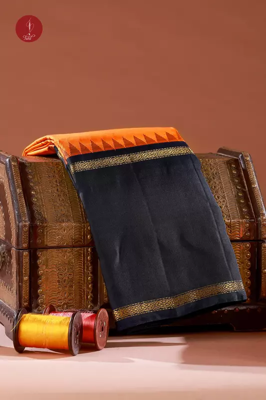 Kanchipuram Silk Saree - Fanta Orange with Navy (Long Border) (MS067)