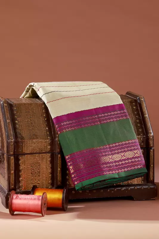 Kanchipuram Silk Saree - Veldhari Kalakshetra - Beige with Wine and Green (MS068)