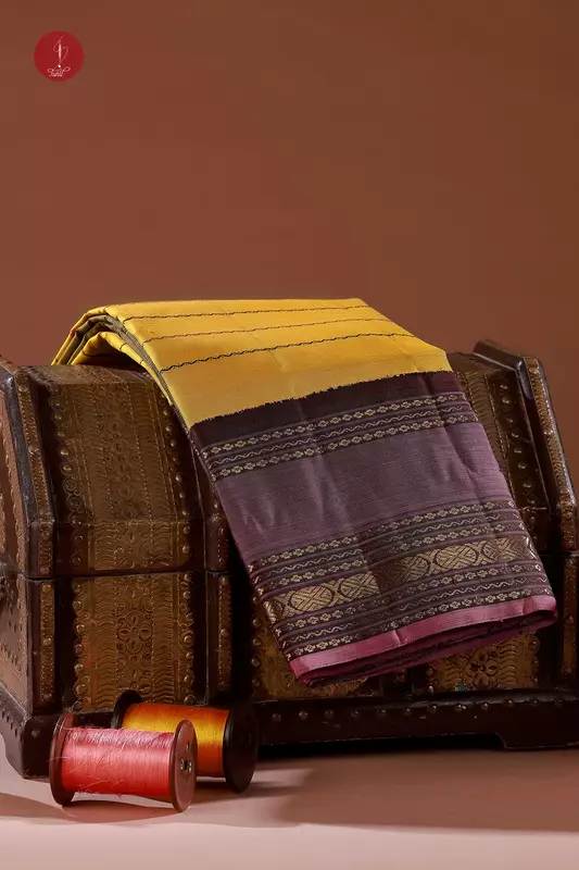 Handloom Kanchipuram Pure Silk Saree - Mustard with Wine and Brown (MS069)