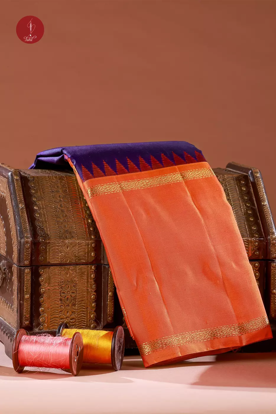 Kanchipuram Silk Saree - Navy Blue with Fanta Orange (Long Border) (MS072)