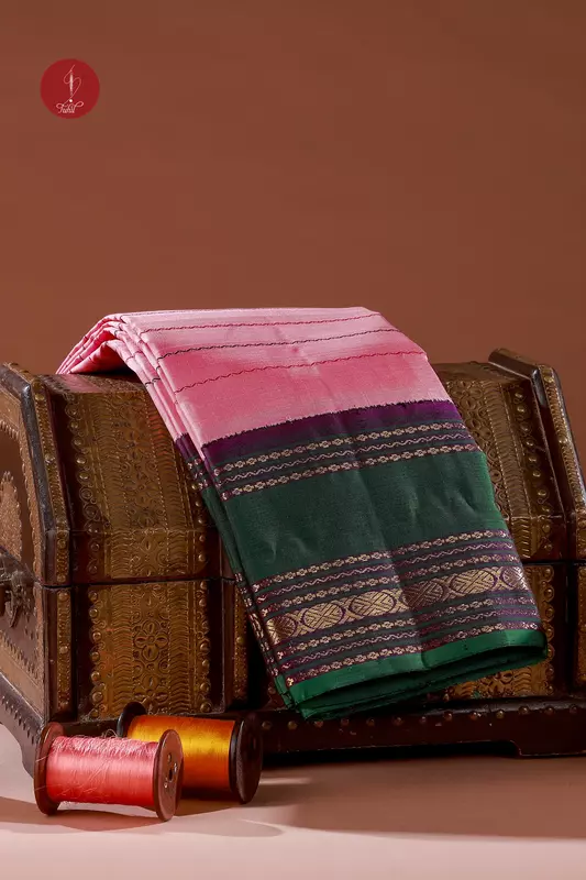 Kanchipuram Silk Saree - Veldhari Kalakshetra - Pink with Wine and Brown (MS075)