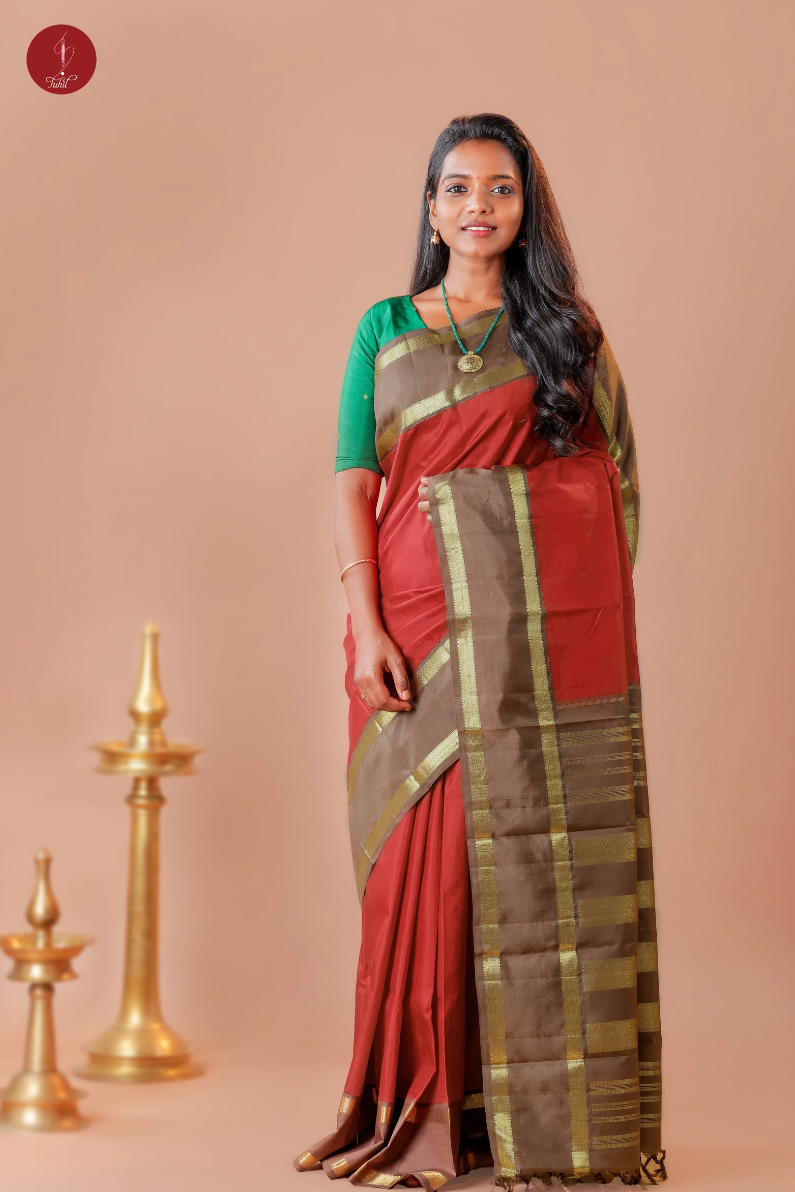 Handloom Kanchipuram Pure Silk Saree - Red with Peanut Brown (MS011)