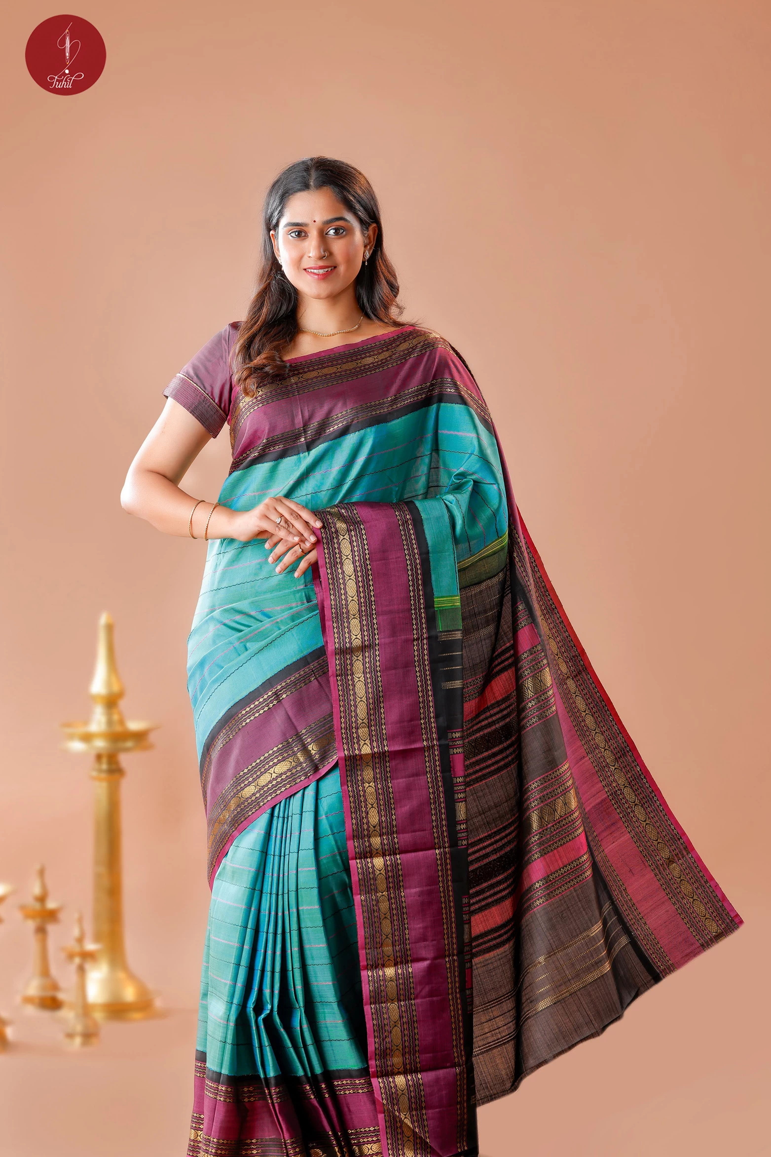 Handloom Kanchipuram Pure Silk Saree – Ananda Blue with Black and Jamun (MS042)