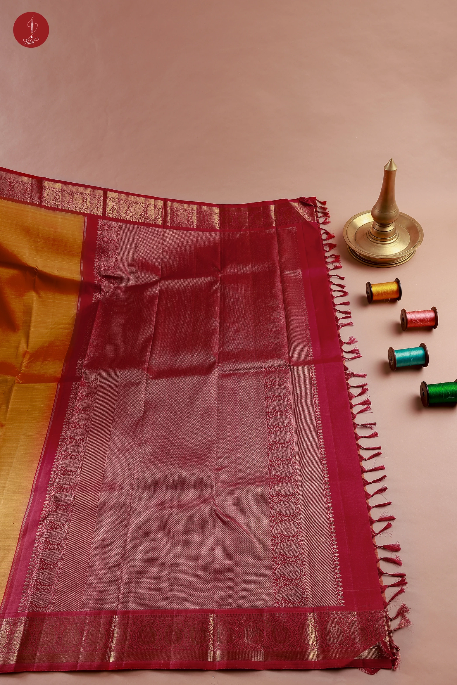 Handloom Kanchipuram Silk Saree - Honey with Maroon (MS084)