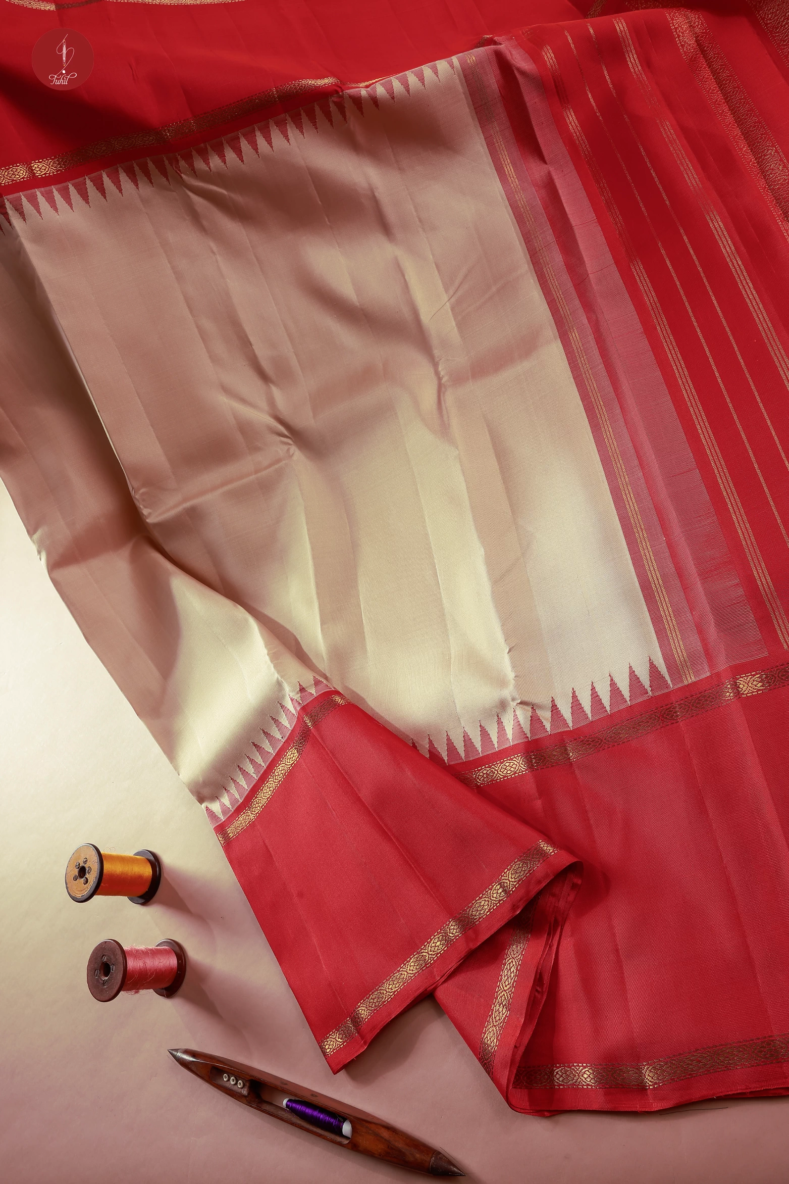 Handloom Kanchipuram Pure Silk Saree - Beige with Orange shot Pink (MS092)