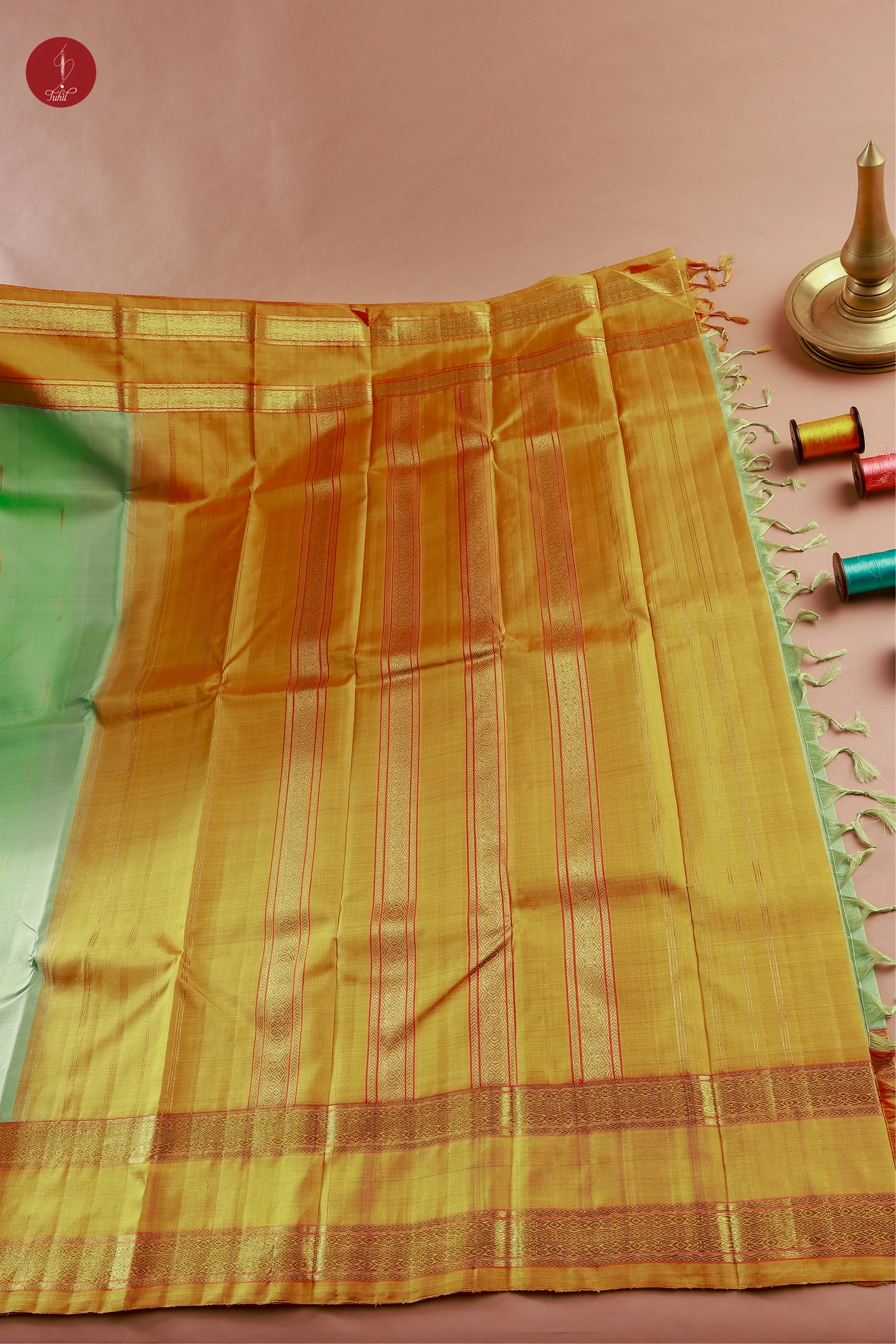 Handloom Kanchipuram Pure Silk Saree – Pista with Mustard (MS046) Handloom Kanchipuram Pure Silk Saree – Pista with Mustard (MS046)