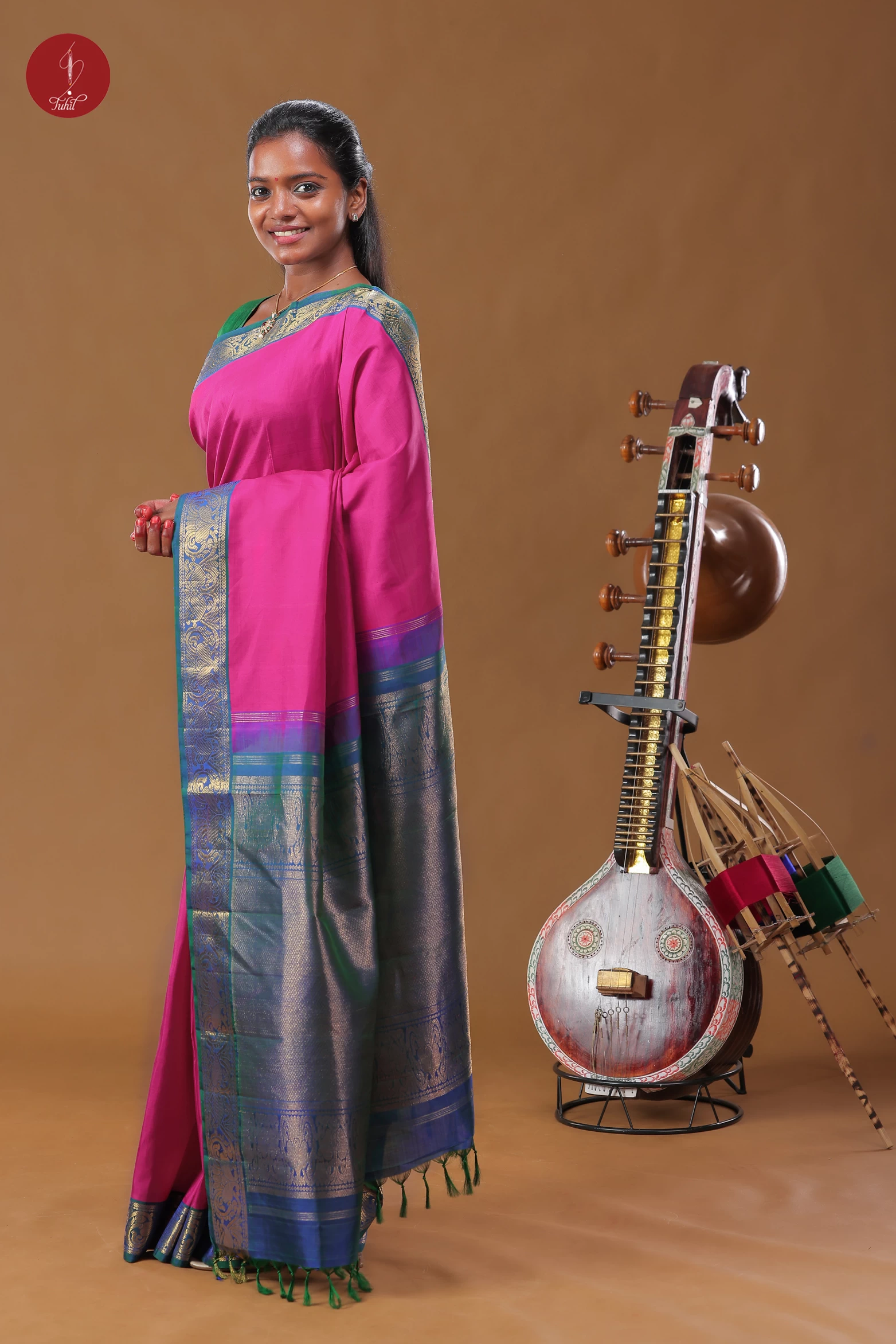 Handloom Kanchipuram Pure Silk Saree - Rani Pink with Peacock Blue Border (SHS364)