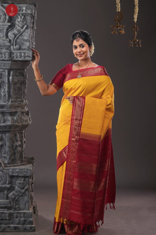 Kanchipuram Silk Saree - Yellow with Maroon Border (SHS358) Kanchipuram Silk Saree - Yellow with Maroon Border (SHS358)