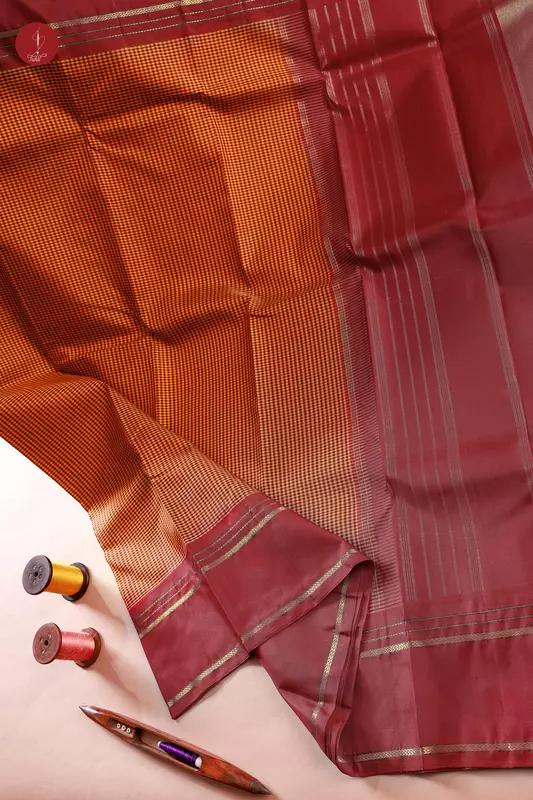 Kanchipuram Silk Saree - Podi Kattam - Orange-Black with Maroon (MS038)