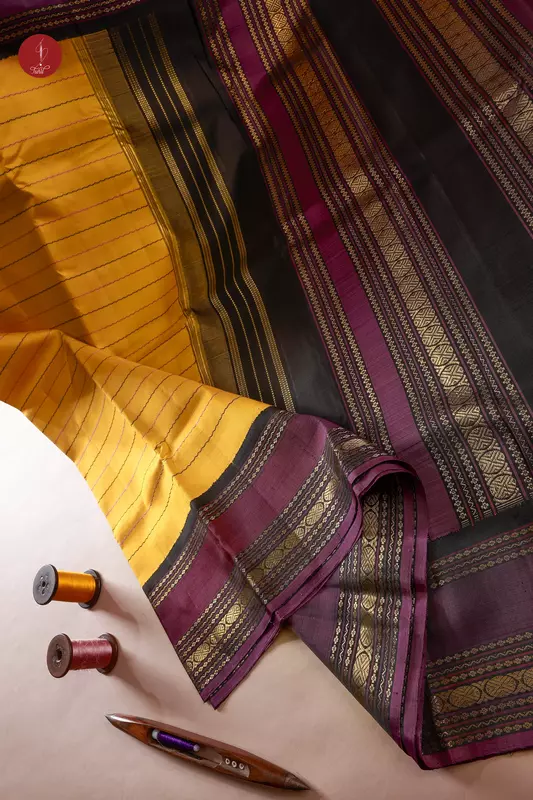 Kanchipuram Silk Saree - Veldhari - Mustard with Black and Kemp (MS037)